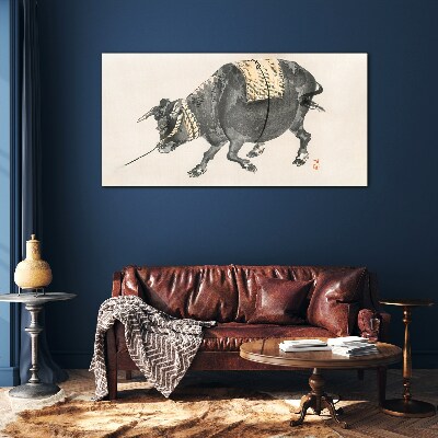 Horned cow on the move Wall art on glass