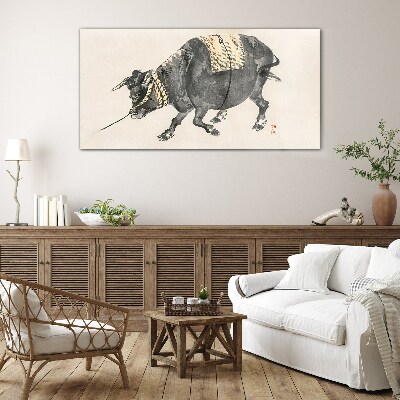 Horned cow on the move Wall art on glass