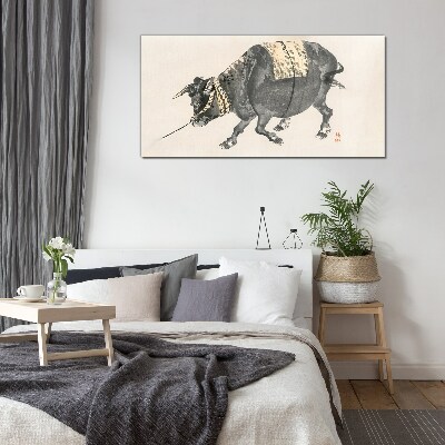 Horned cow on the move Wall art on glass