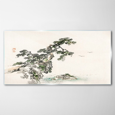 Peaceful landscape with a pine tree Glass art print