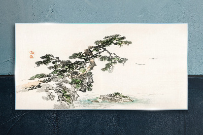 Peaceful landscape with a pine tree Glass art print