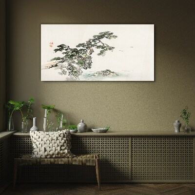 Peaceful landscape with a pine tree Glass art print