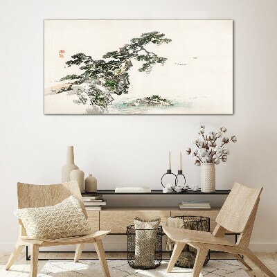 Peaceful landscape with a pine tree Glass art print