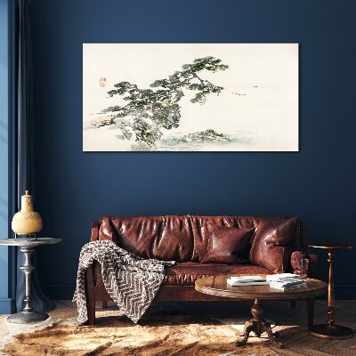 Peaceful landscape with a pine tree Glass art print