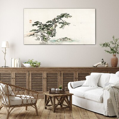 Peaceful landscape with a pine tree Glass art print