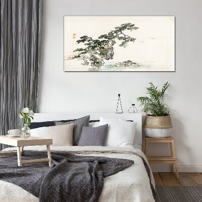 Peaceful landscape with a pine tree Glass art print