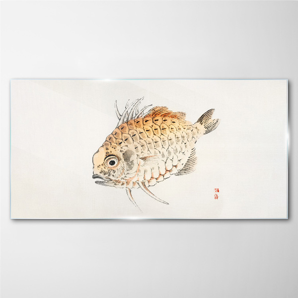 Gold fish on white background Glass art print