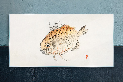Gold fish on white background Glass art print