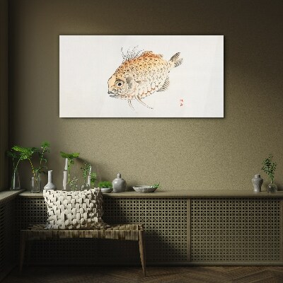 Gold fish on white background Glass art print