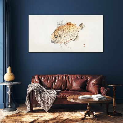 Gold fish on white background Glass art print