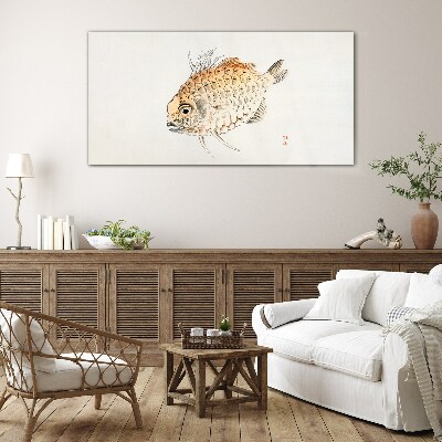 Gold fish on white background Glass art print