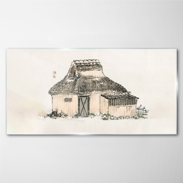 Country cottage with grass roof Wall art on glass