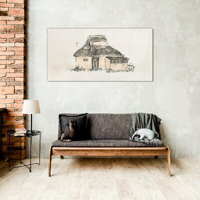 Country cottage with grass roof Wall art on glass