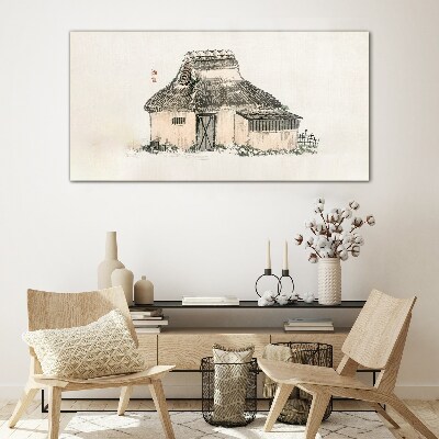Country cottage with grass roof Wall art on glass