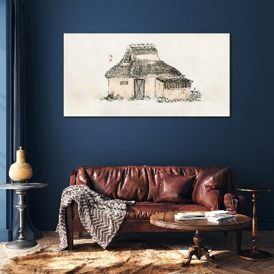 Country cottage with grass roof Wall art on glass