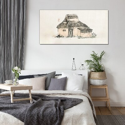Country cottage with grass roof Wall art on glass