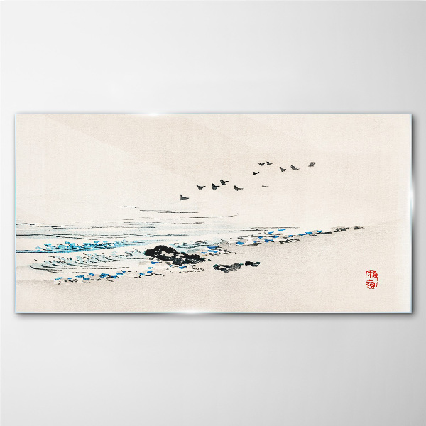 Peaceful coast with birds Glass art print