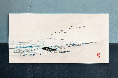 Peaceful coast with birds Glass art print