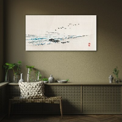Peaceful coast with birds Glass art print