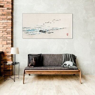 Peaceful coast with birds Glass art print