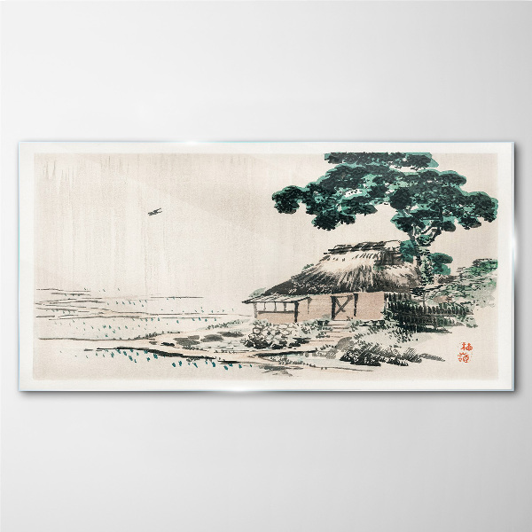 Peaceful country cottage by the lake Glass art print