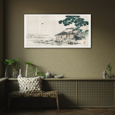 Peaceful country cottage by the lake Glass art print