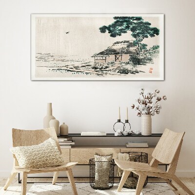 Peaceful country cottage by the lake Glass art print