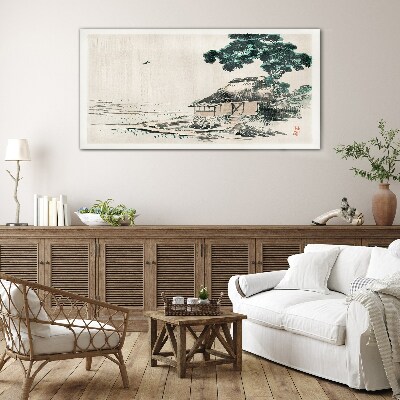 Peaceful country cottage by the lake Glass art print