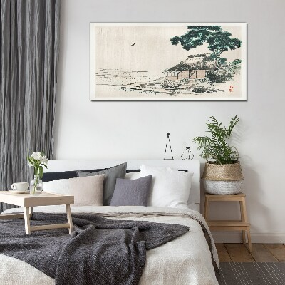 Peaceful country cottage by the lake Glass art print