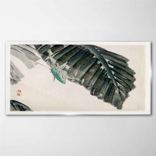 A slender insect on leaves Wall art on glass