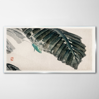 A slender insect on leaves Wall art on glass