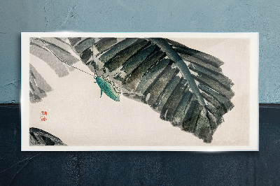 A slender insect on leaves Wall art on glass