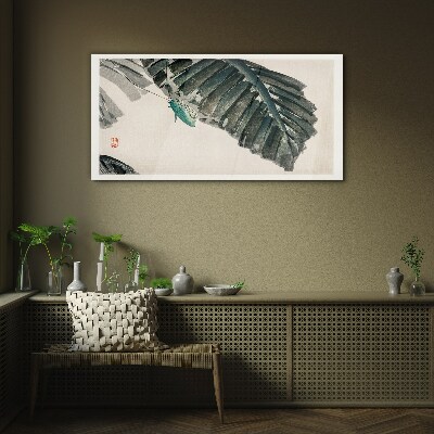 A slender insect on leaves Wall art on glass