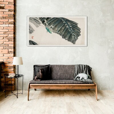 A slender insect on leaves Wall art on glass