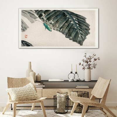 A slender insect on leaves Wall art on glass