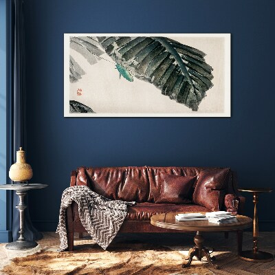 A slender insect on leaves Wall art on glass