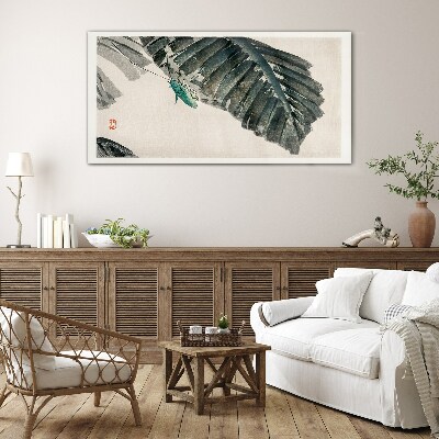 A slender insect on leaves Wall art on glass