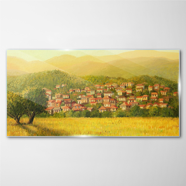 A sunny village among the hills Glass art print
