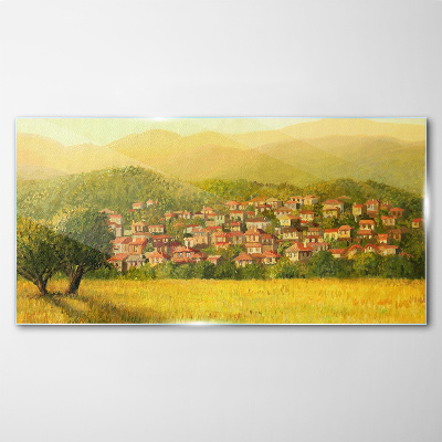 A sunny village among the hills Glass art print