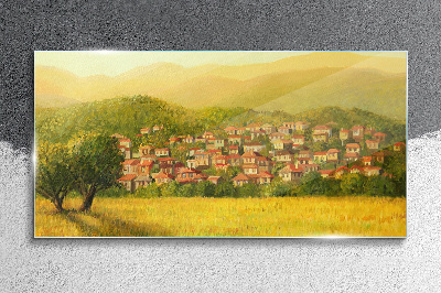 A sunny village among the hills Glass art print