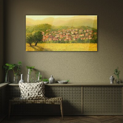 A sunny village among the hills Glass art print