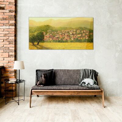 A sunny village among the hills Glass art print
