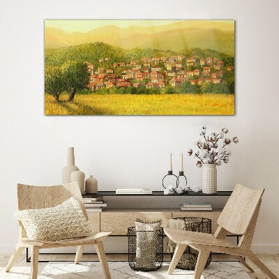 A sunny village among the hills Glass art print