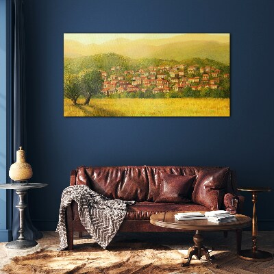 A sunny village among the hills Glass art print