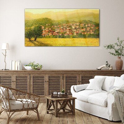 A sunny village among the hills Glass art print