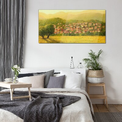 A sunny village among the hills Glass art print