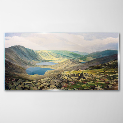 Mountain landscape with a lake Glass art print