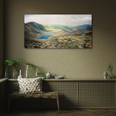 Mountain landscape with a lake Glass art print