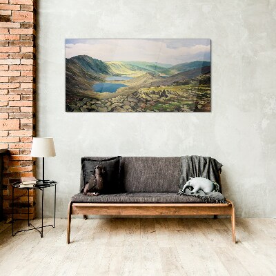 Mountain landscape with a lake Glass art print