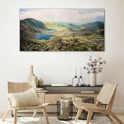 Mountain landscape with a lake Glass art print